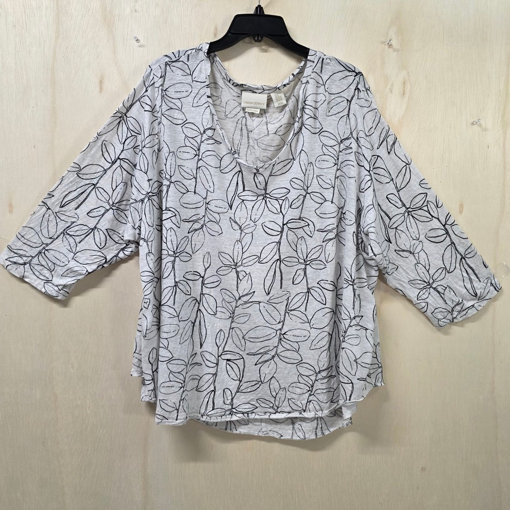 Cynthia Rowley Womens 3X White Black Linen Leaf Print V-Neck 3/4 Sleeve Top